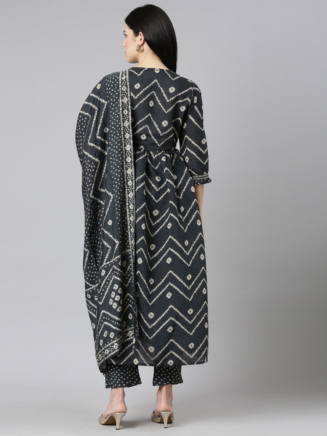 Neerus Grey Pleated Straight Printed Kurta And Trousers With Dupatta