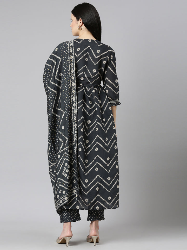 Neerus Grey Pleated Straight Printed Kurta And Trousers With Dupatta