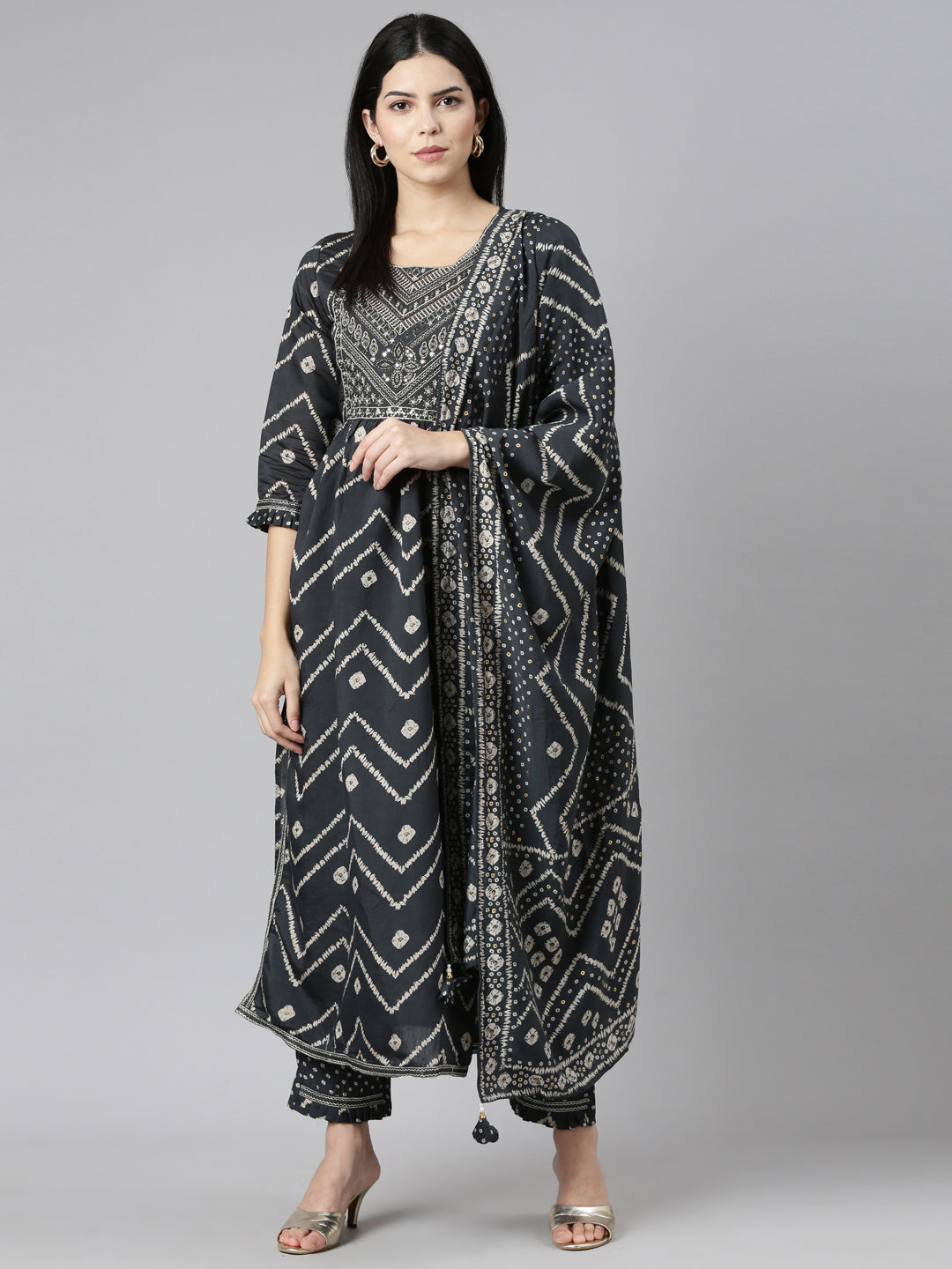 Neerus Grey Pleated Straight Printed Kurta And Trousers With Dupatta