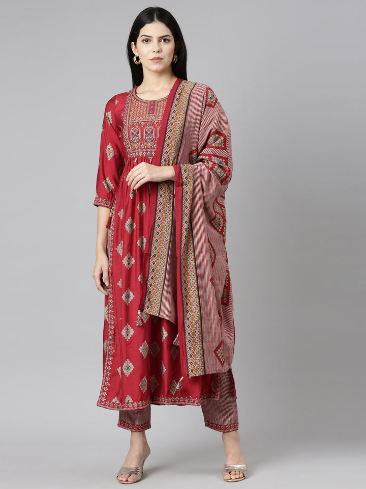 Neerus Maroon printed Nyra cut kurta set - front view