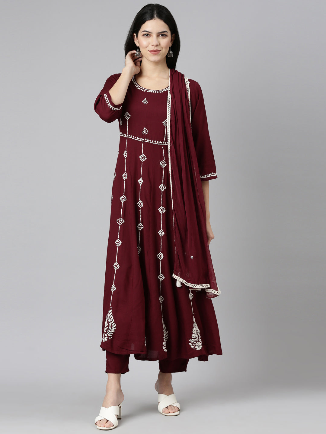 Neerus Maroon embroidered straight suit set - front view