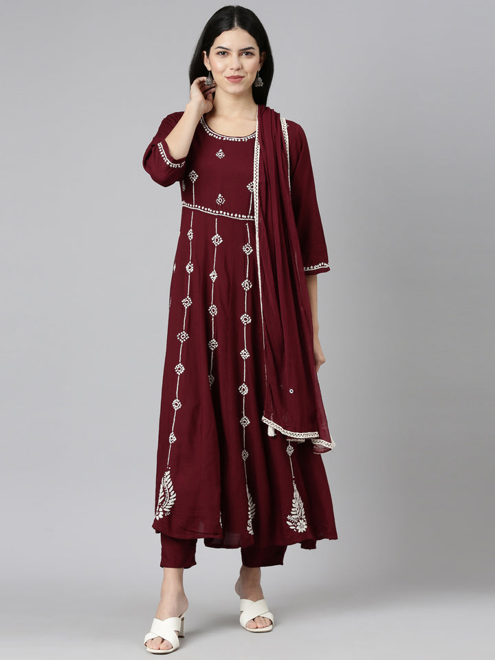 Neerus Maroon embroidered straight suit set - front view