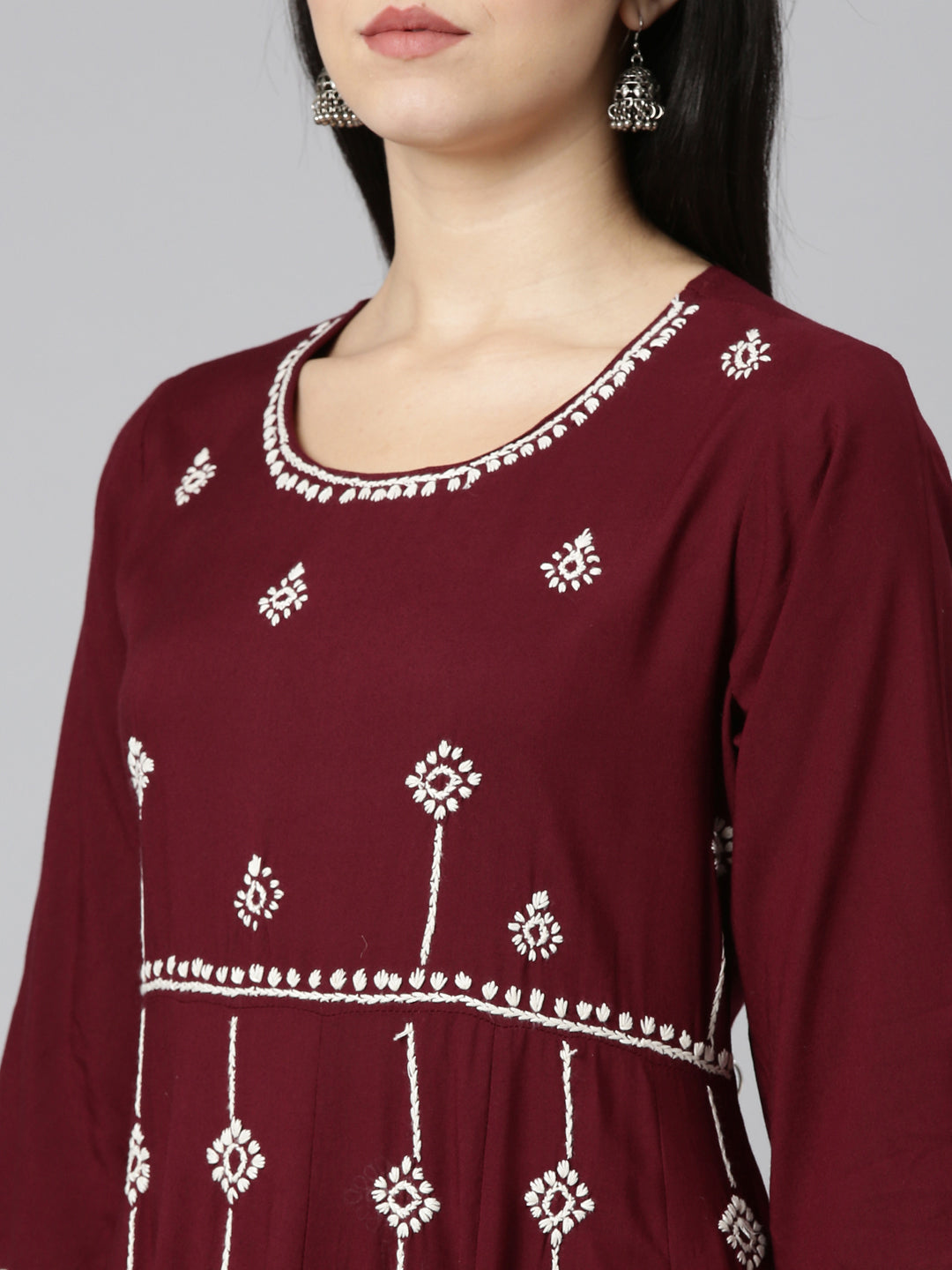 Neerus Maroon embroidered straight suit set - detail view 1