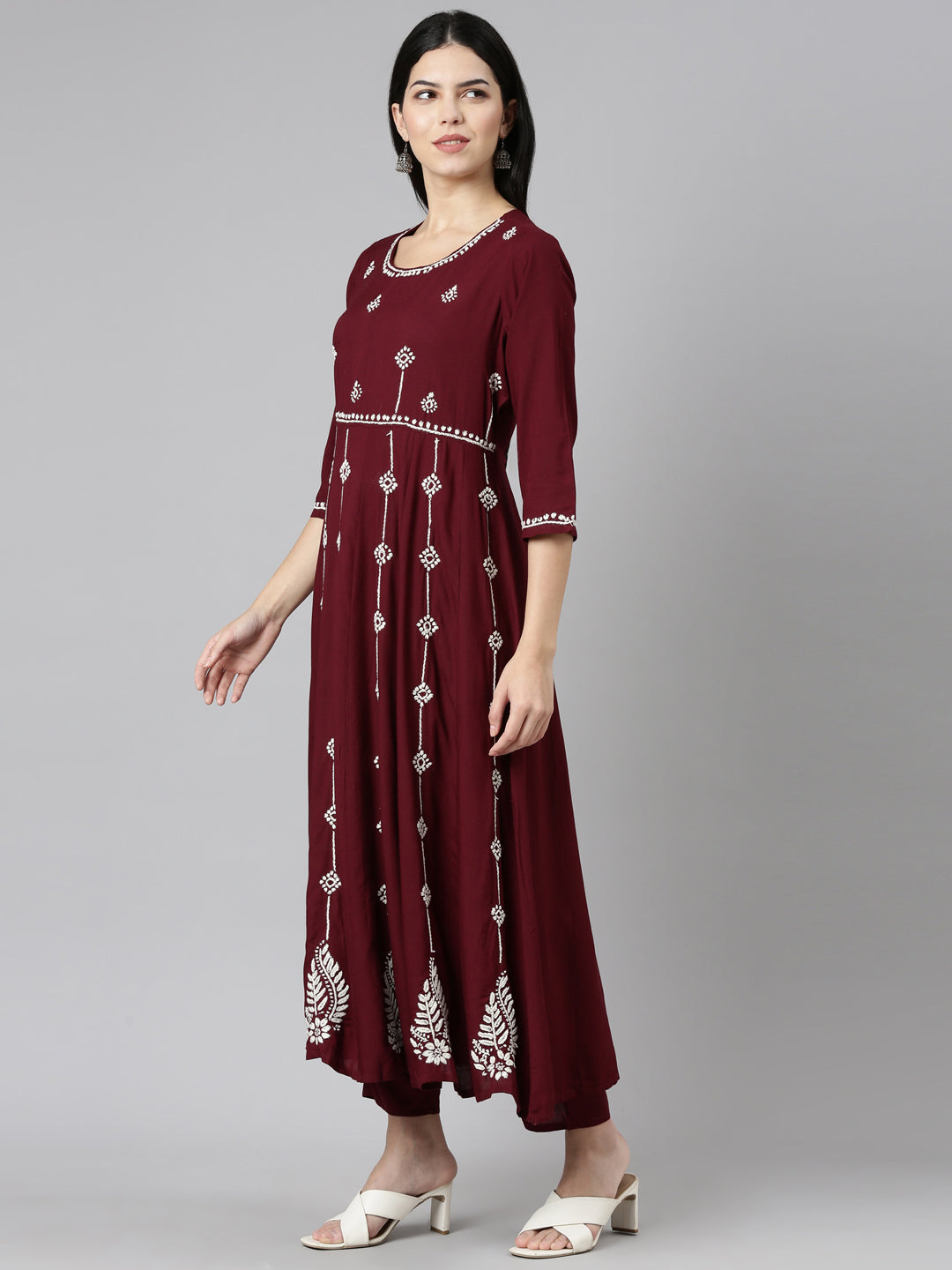 Neerus Maroon embroidered straight suit set - back view