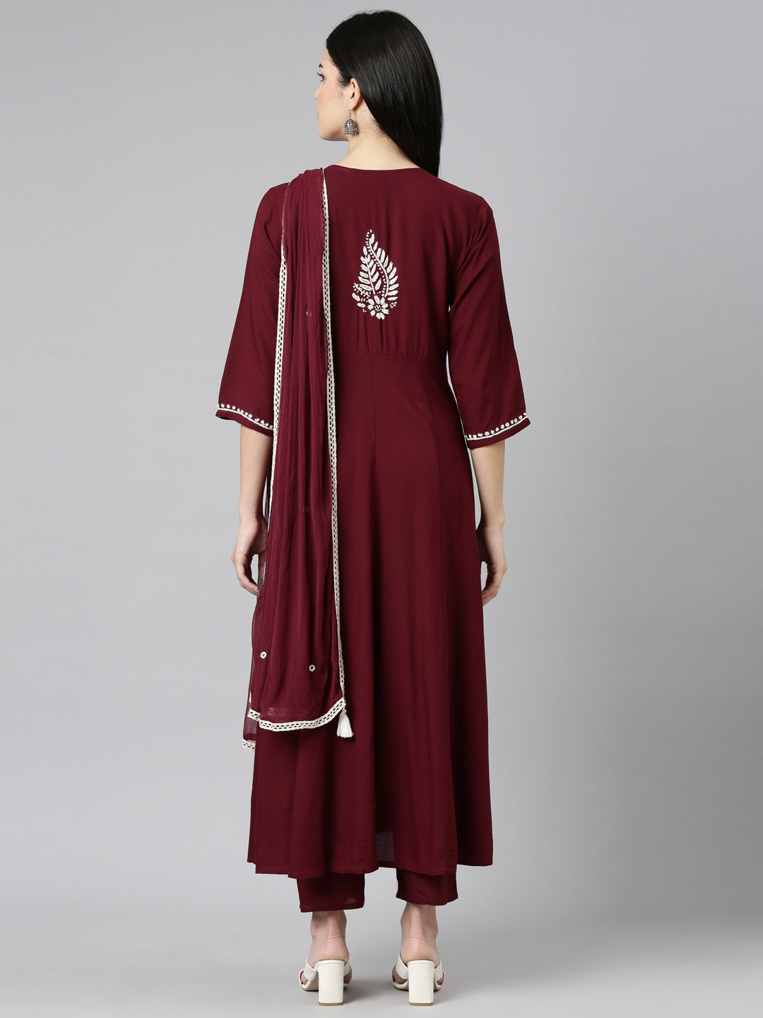 Neerus Maroon embroidered straight suit set - side view
