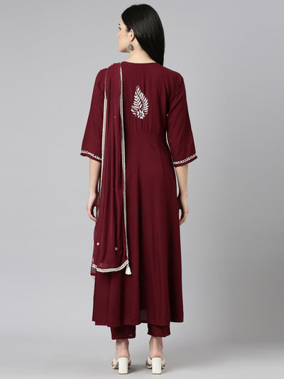 Neeru's Burgundy Regular Straight Embroidered Readymade suits
