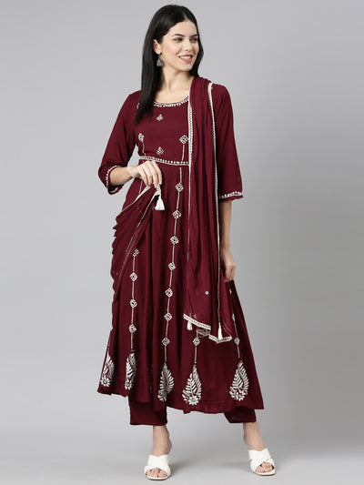 Neeru's Burgundy Regular Straight Embroidered Readymade suits