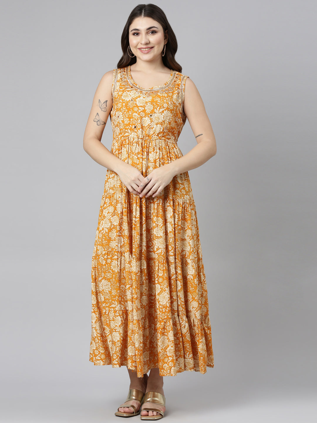Neerus Gold Straight Casual Printed Gown