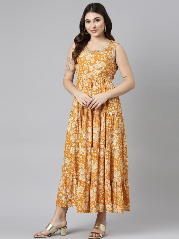 Neerus Gold Straight Casual Printed Gown
