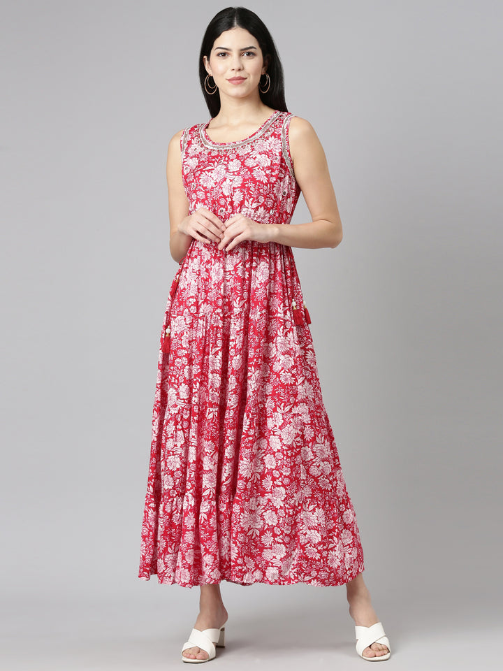 Neerus Pink printed straight gown - front view
