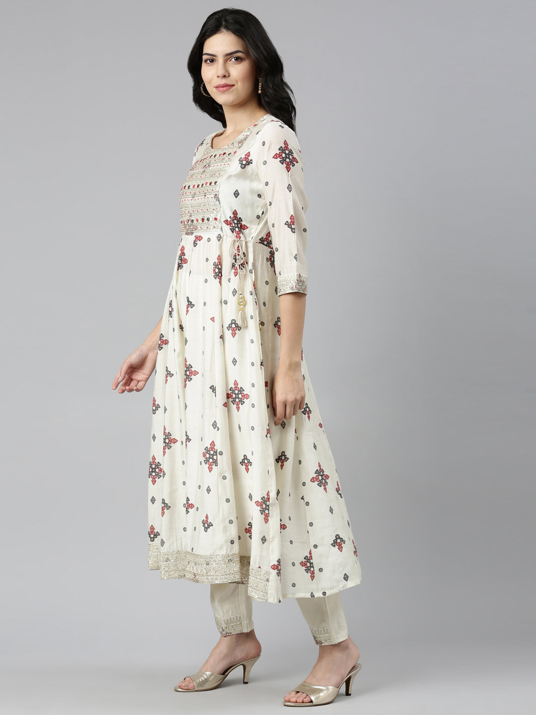 Neerus White printed straight kurta set with dupatta - back view