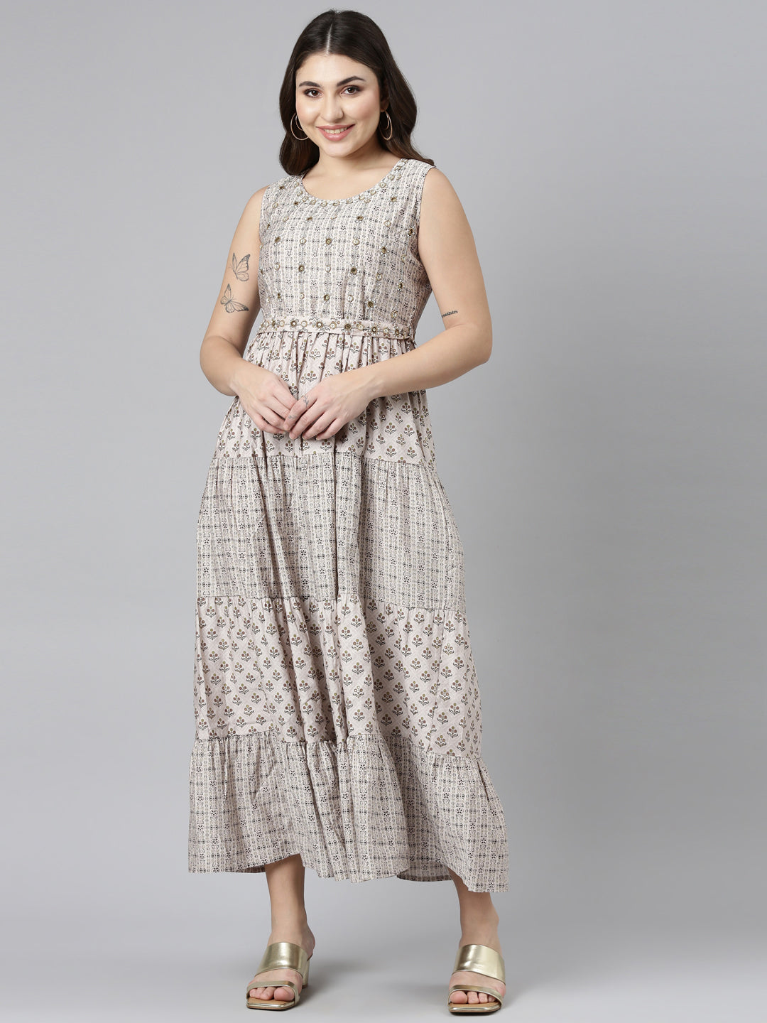 Neerus Gold Straight Casual Printed Gown