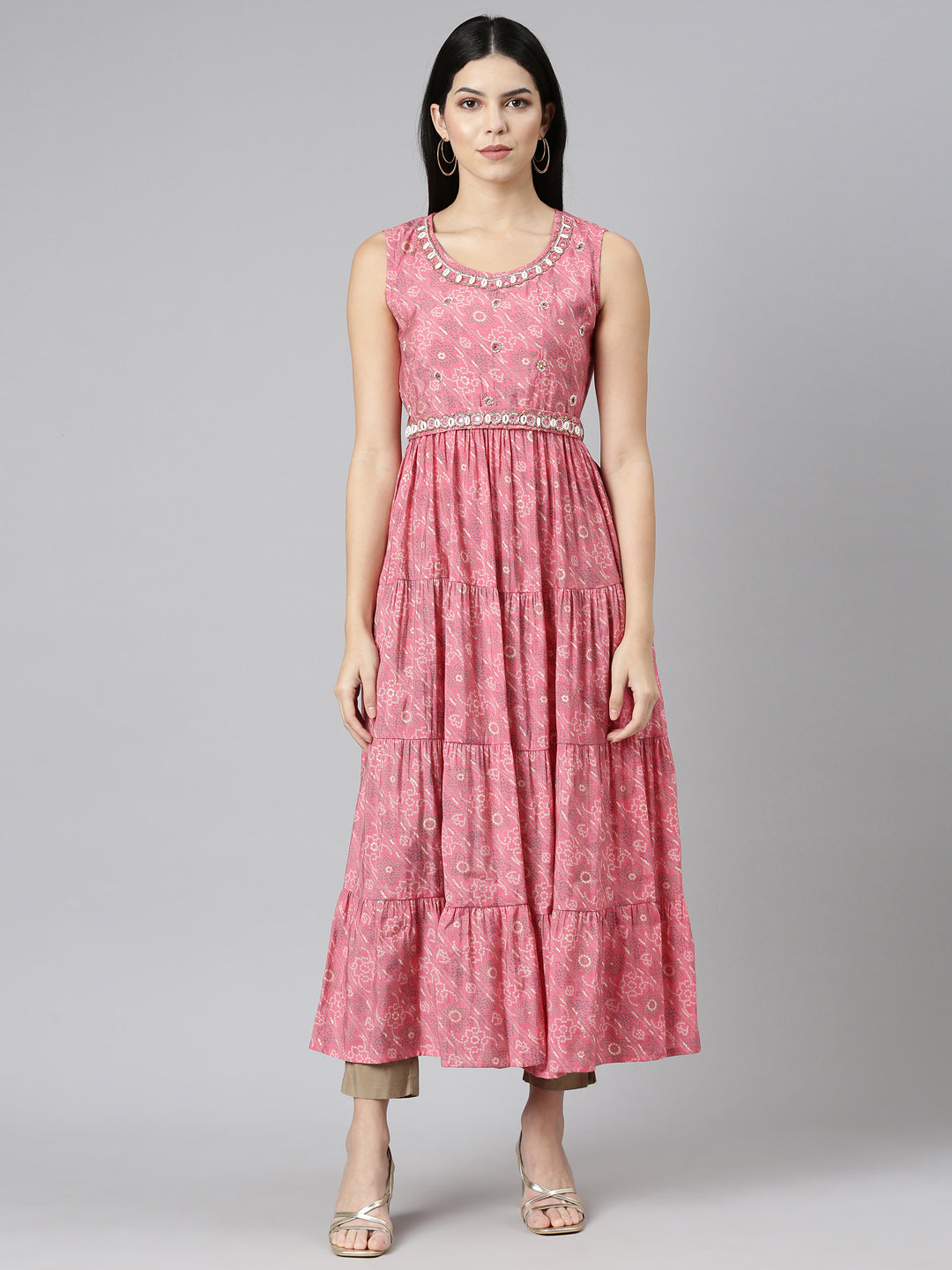 Neerus Pink printed straight gown - front view