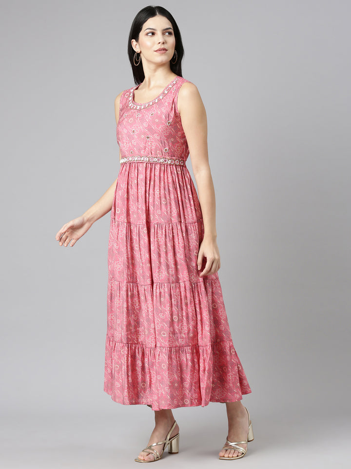 Neerus Pink printed straight gown - back view