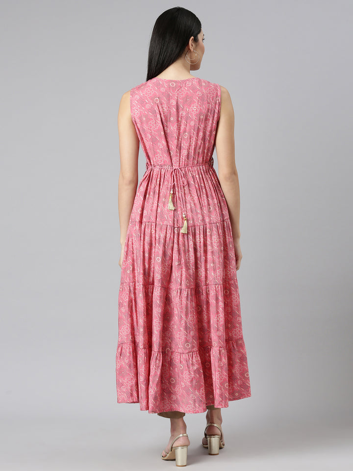 Neerus Pink printed straight gown - side view