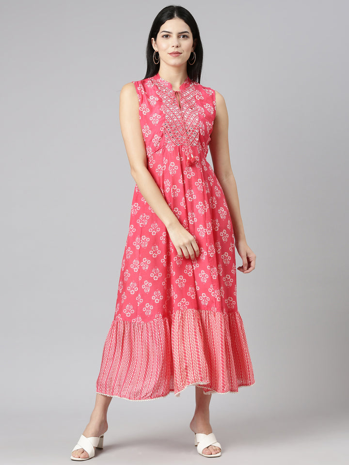 Neerus Pink Straight Casual Printed Dress