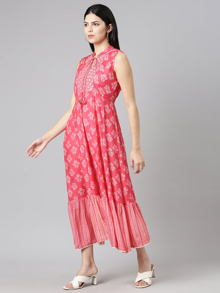 Neerus Pink Straight Casual Printed Dress