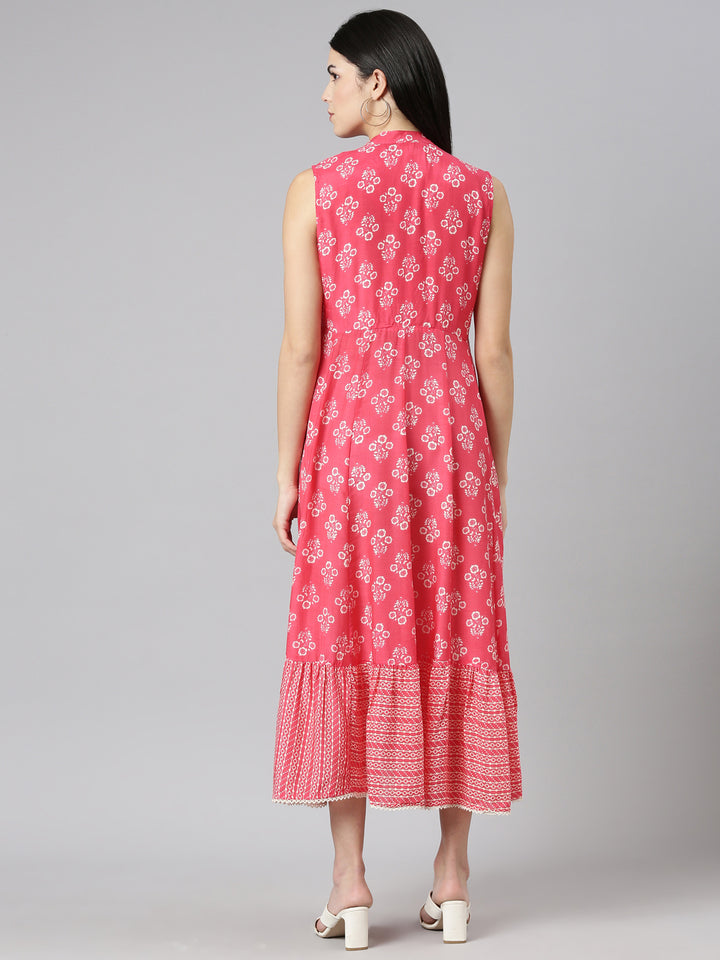 Neerus Pink Straight Casual Printed Dress