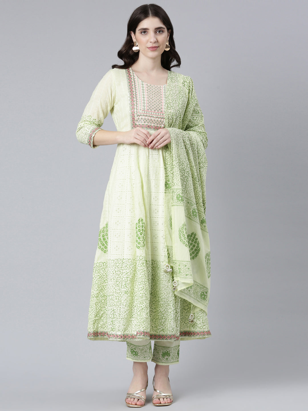 Neerus Green printed straight kurta set with dupatta - front view
