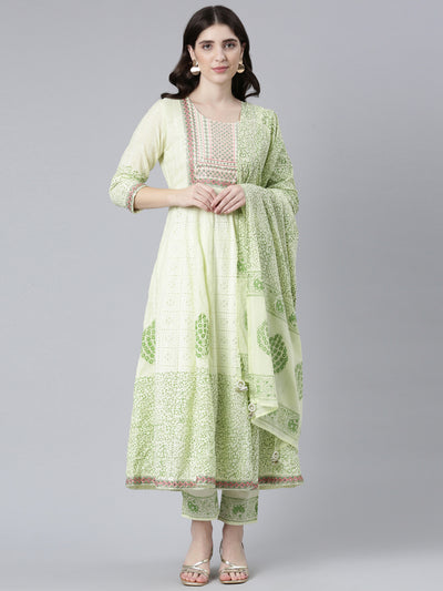 Neerus Green Pleated Straight Printed Kurta And Trousers With Dupatta
