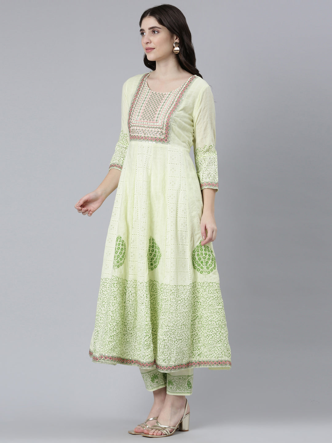 Neerus Green Pleated Straight Printed Kurta And Trousers With Dupatta