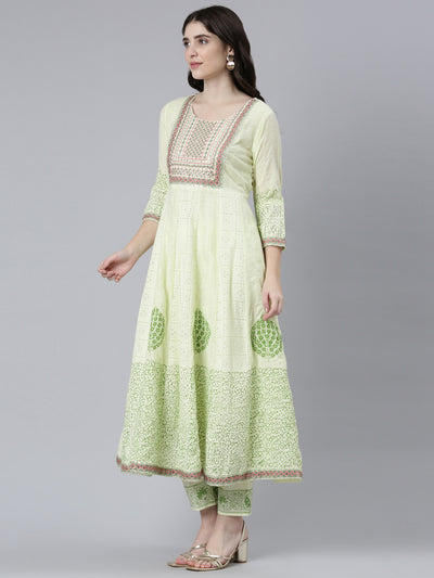 Neerus Green Pleated Straight Printed Kurta And Trousers With Dupatta