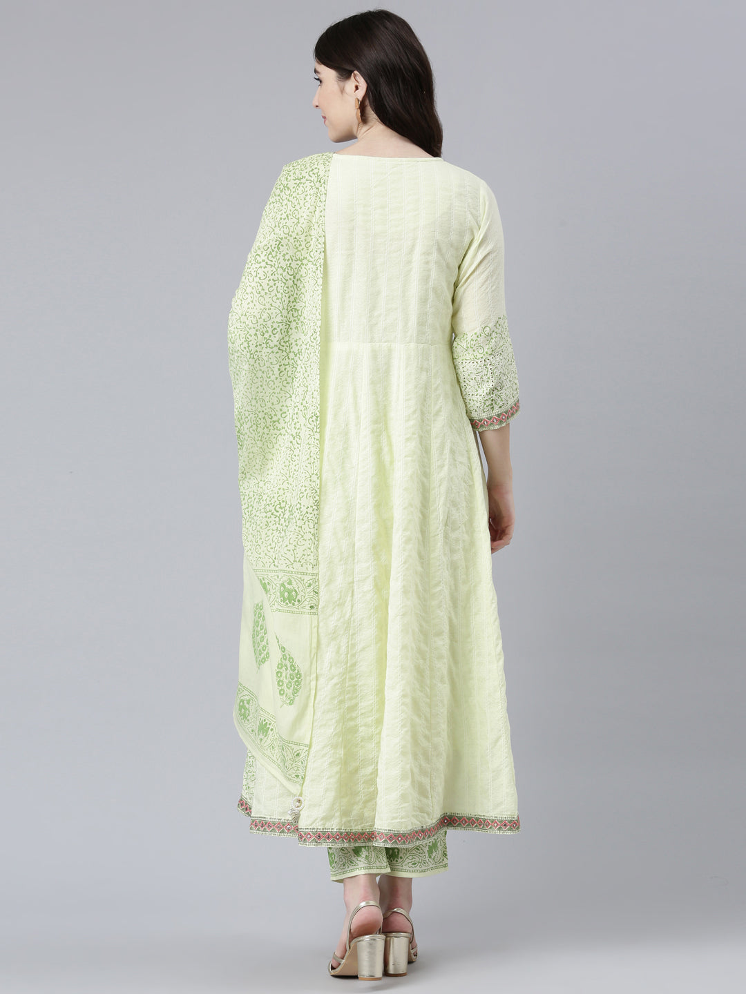 Neerus Green Pleated Straight Printed Kurta And Trousers With Dupatta