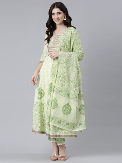 Neerus Green Pleated Straight Printed Kurta And Trousers With Dupatta