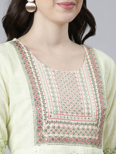 Neerus Green Pleated Straight Printed Kurta And Trousers With Dupatta