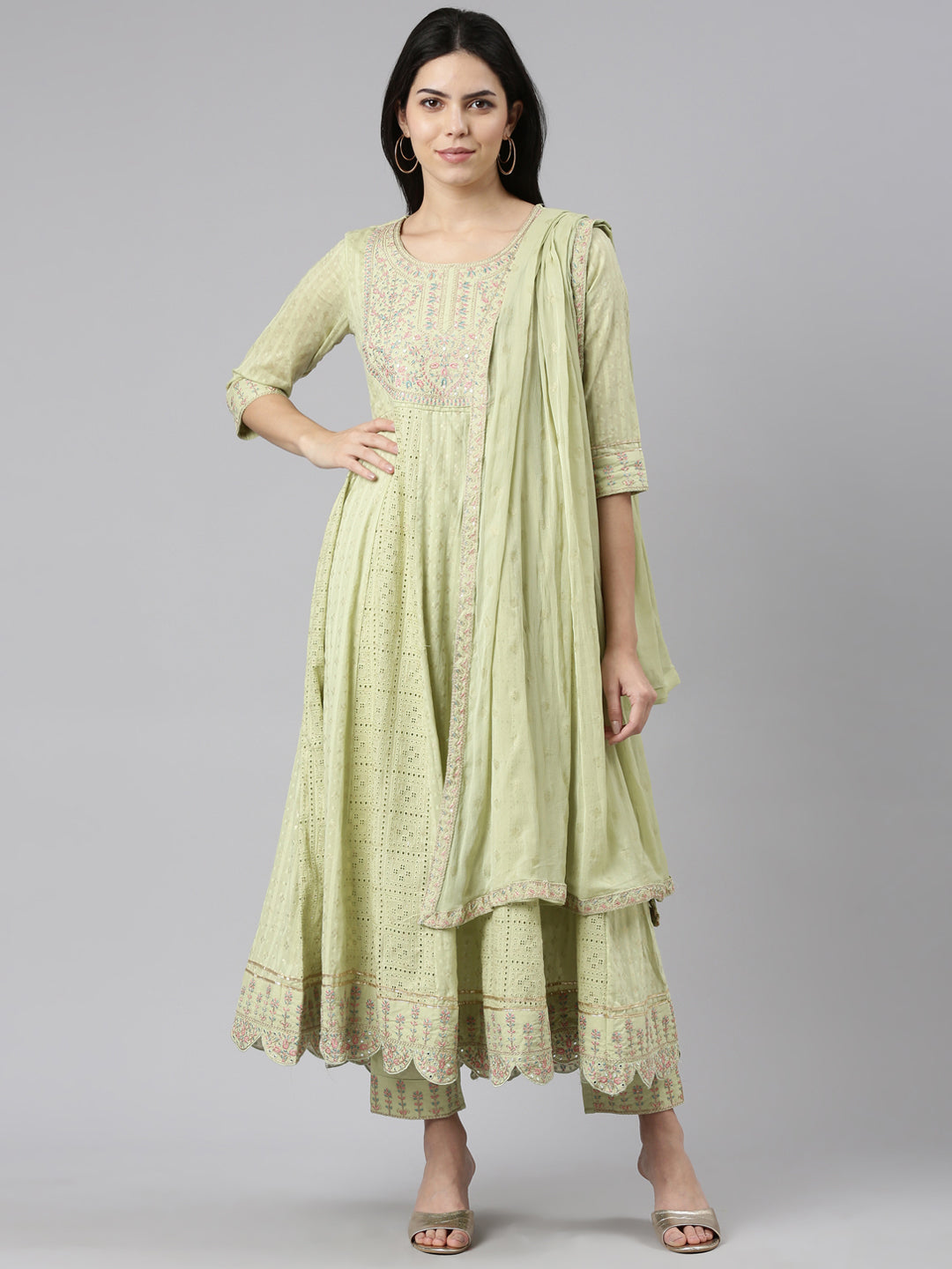 Neerus Green printed straight kurta set with trouser and dupatta - front view