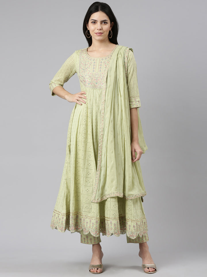 Neerus Green printed straight kurta set with trouser and dupatta - front view