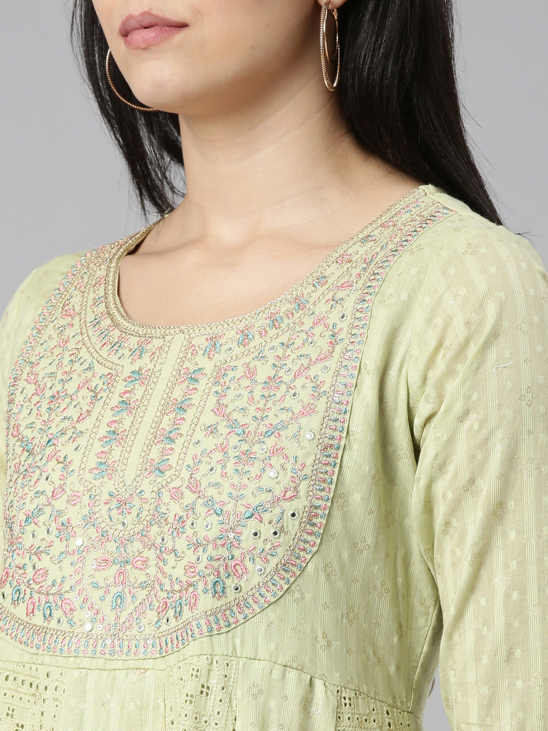 Neerus Green printed straight kurta set with trouser and dupatta - detail view 1