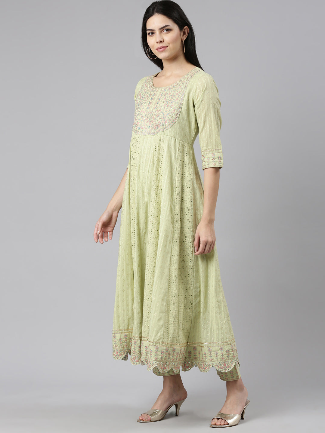 Neerus Green printed straight kurta set with trouser and dupatta - back view