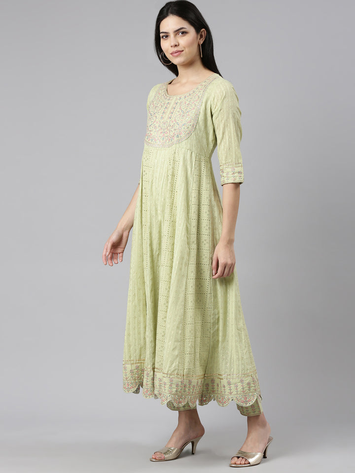 Neerus Green printed straight kurta set with trouser and dupatta - back view