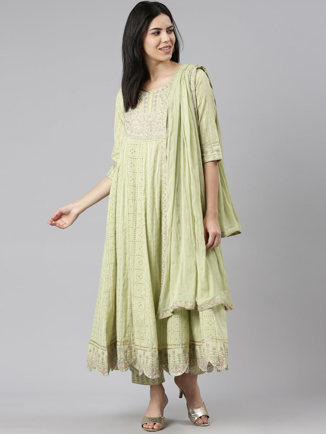 Neerus Green printed straight kurta set with trouser and dupatta - detail view 2