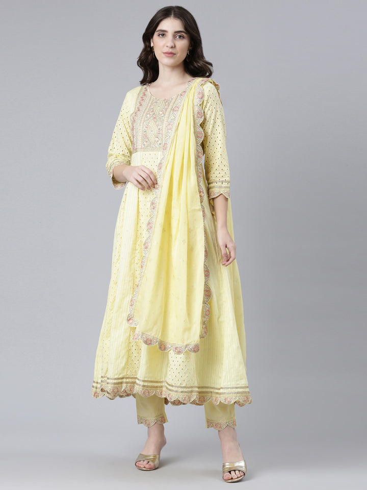 Neerus Yellow Regular Flared Yoke Design Kurta And Trousers With Dupatta