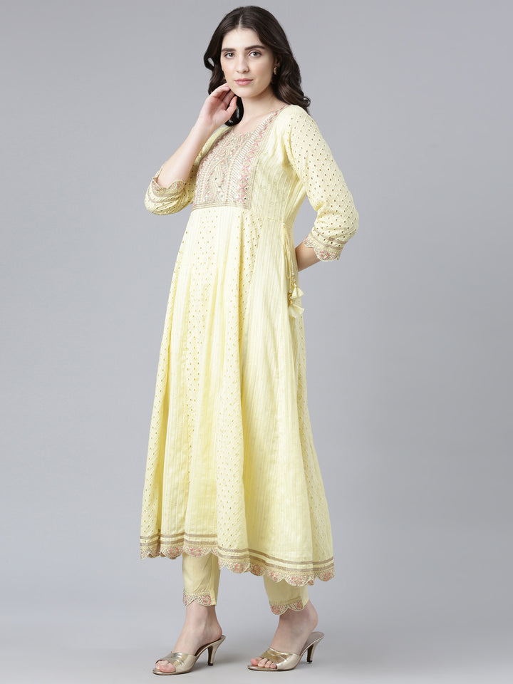 Neerus Yellow Regular Flared Yoke Design Kurta And Trousers With Dupatta
