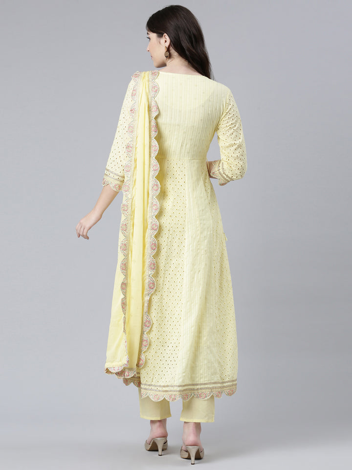 Neerus Yellow Regular Flared Yoke Design Kurta And Trousers With Dupatta
