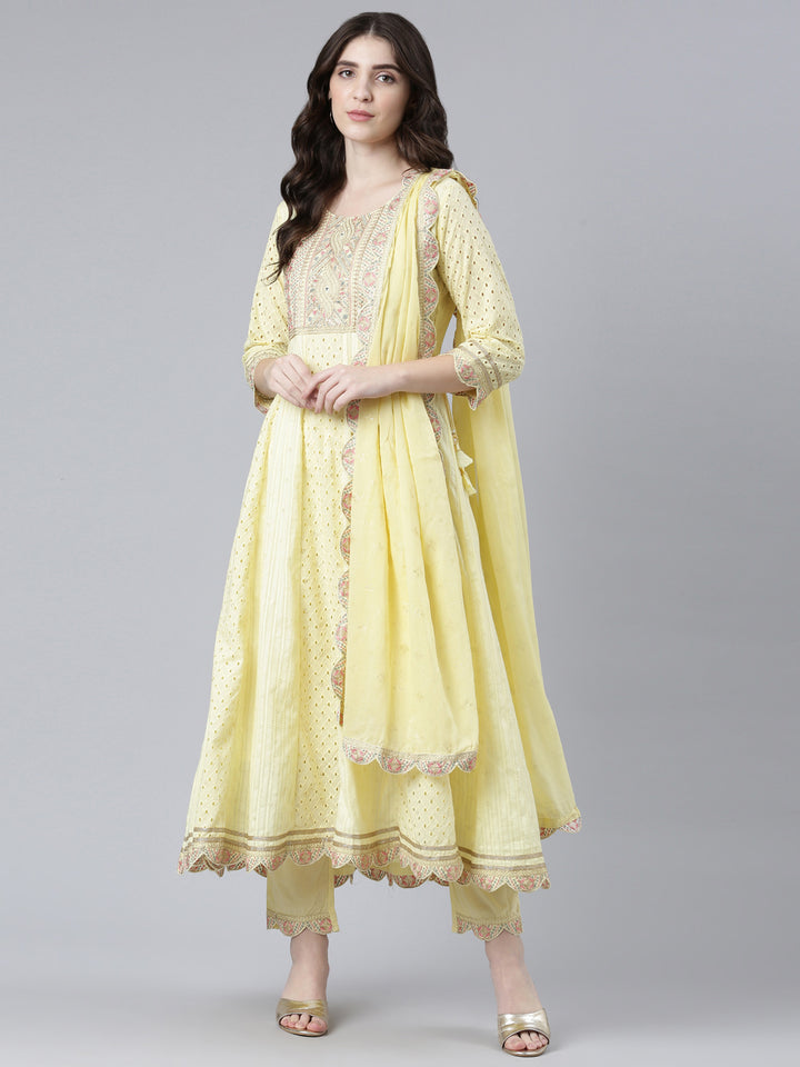 Neerus Yellow Regular Flared Yoke Design Kurta And Trousers With Dupatta
