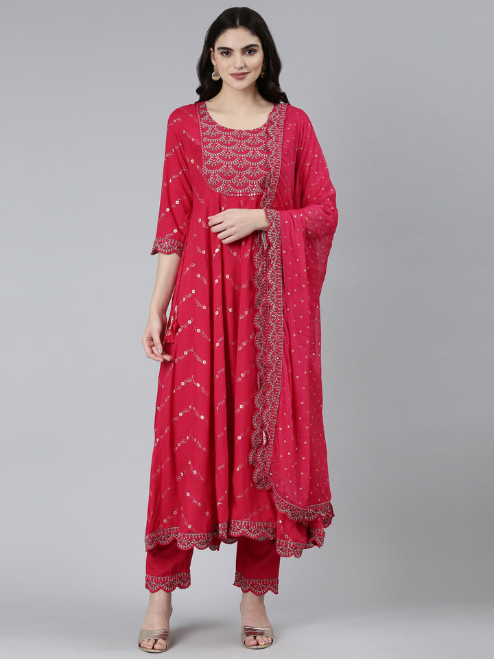 Neerus Pink Regular Straight Floral Kurta Sets And Trousers With Dupatta