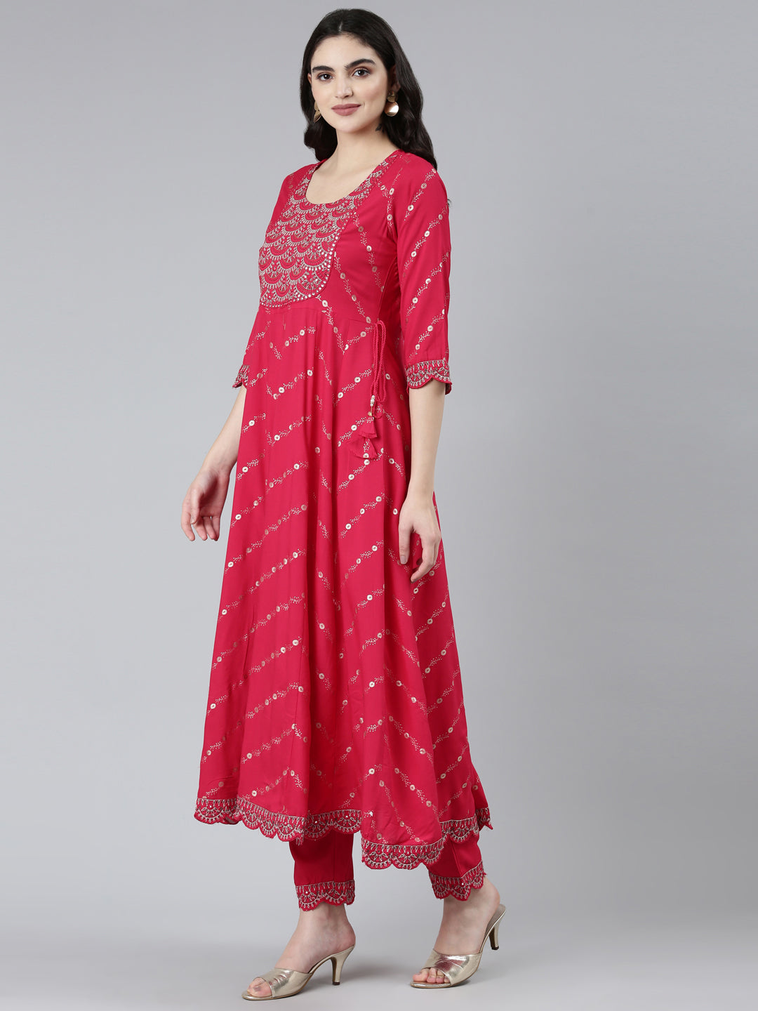 Neerus Pink Regular Straight Floral Kurta Sets And Trousers With Dupatta