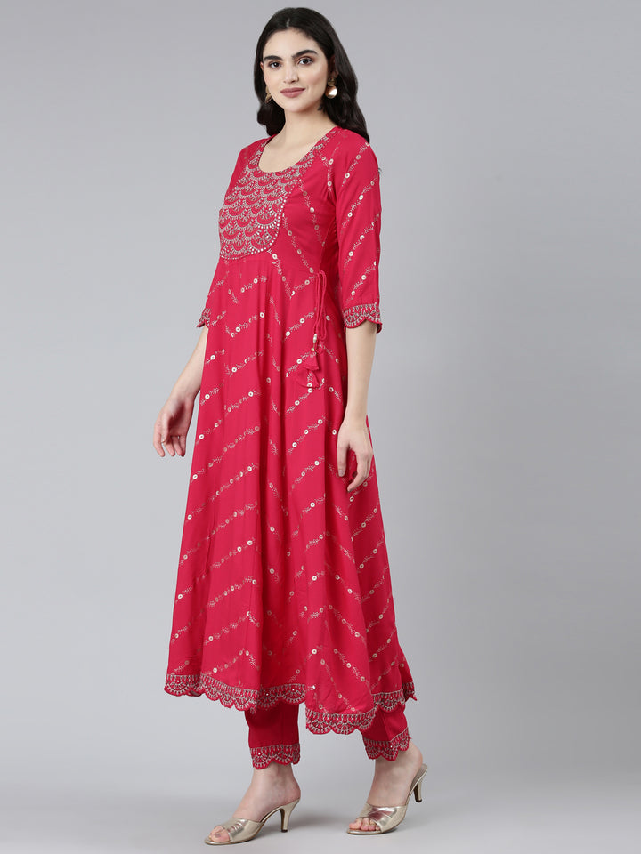 Neerus Pink Regular Straight Floral Kurta Sets And Trousers With Dupatta
