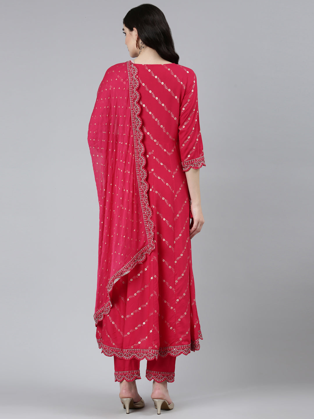 Neerus Pink Regular Straight Floral Kurta Sets And Trousers With Dupatta