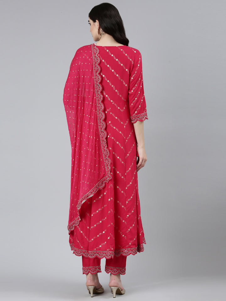 Neerus Pink Regular Straight Floral Kurta Sets And Trousers With Dupatta