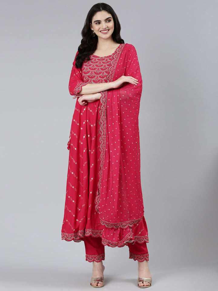 Neerus Pink Regular Straight Floral Kurta Sets And Trousers With Dupatta