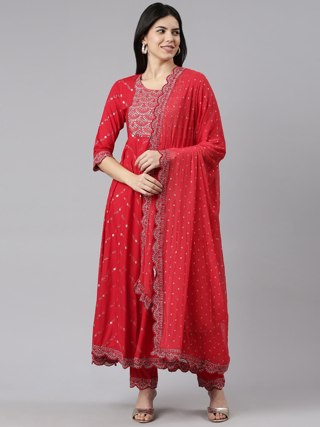 Neerus Red printed straight kurta set with dupatta - front view