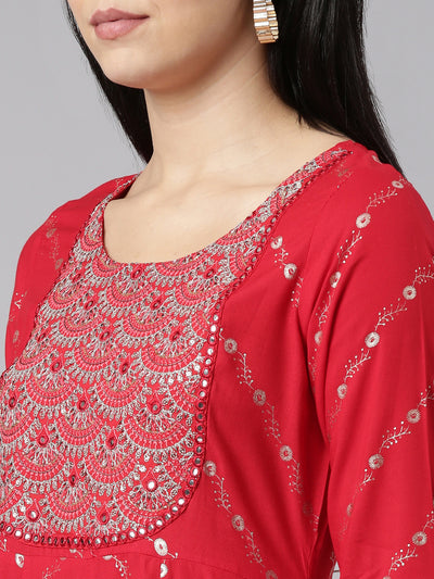 Neerus Red Regular Straight Printed Kurta And Trousers With Dupatta
