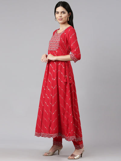 Neerus Red Regular Straight Printed Kurta And Trousers With Dupatta