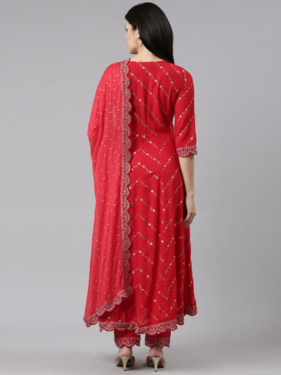 Neerus Red Regular Straight Printed Kurta And Trousers With Dupatta