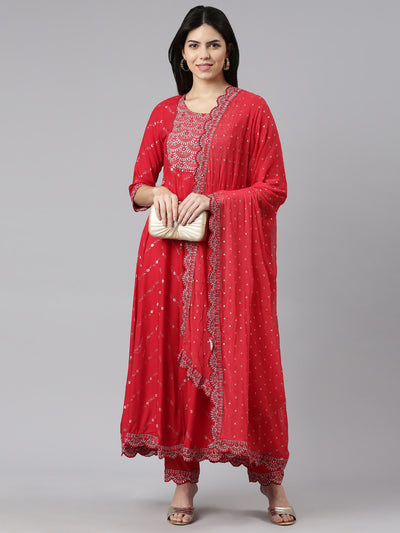 Neerus Red Regular Straight Printed Kurta And Trousers With Dupatta